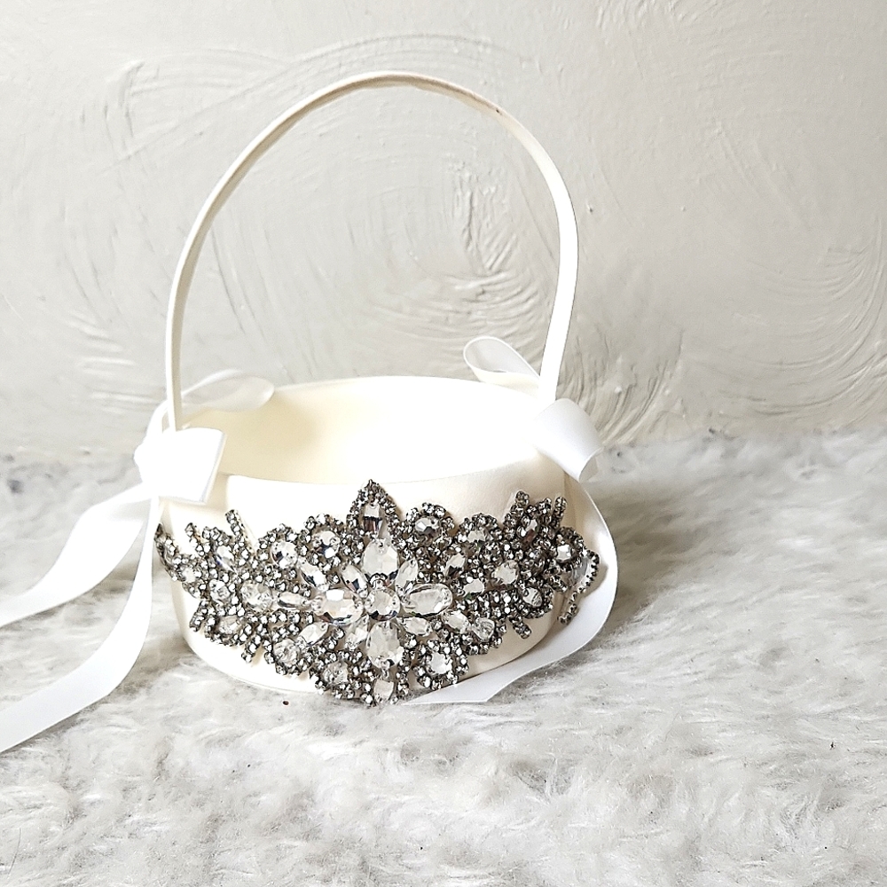 Silk basket -white bow embellishments jewels sequins diamonds Flower girl bridal